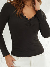 Lace Patchwork V-neck Long Sleeve for Ribbed Ruched Slim Fit Black Basic Spring Autumn Tee